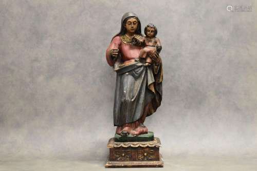 Vierge à l'Enfant en bois sculpté et polychromé