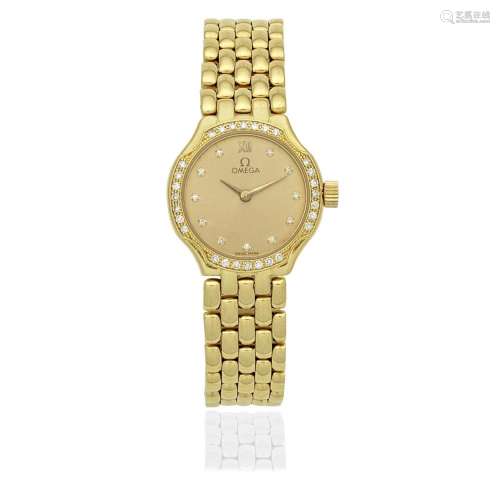 Omega. A lady's 18K gold and diamond set quartz bracelet...