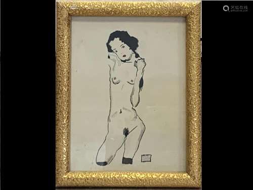 dans le goût d'Egon SCHIELE (1890-1918), Femme nue, aqua...