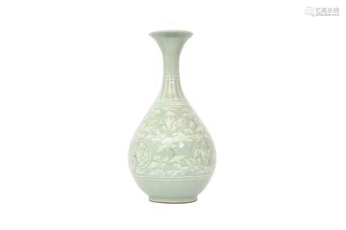 A KOREAN SANGGAM SLIP-INLAID CELADON 'CRANES' BOTTLE...