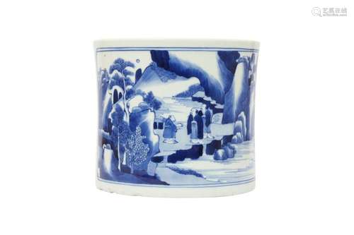 A CHINESE BLUE AND WHITE 'LANDSCAPE' BRUSH POT, BITO...