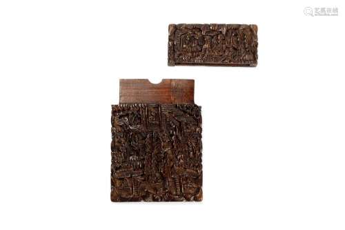 Business card holder in carved wood with landscape, pagodas ...