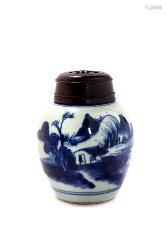 Ancient small blue and white porcelain jar with river landsc...