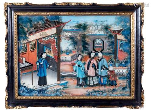 Under glass painting depicting a court scene in a garden, Ch...