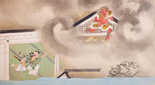 Painting on paper depicting a Samurai and demon scene, Japan...