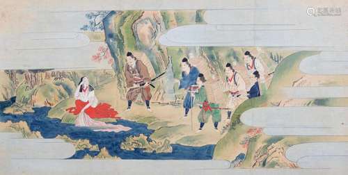 Painting on paper depicting Samurai with a girl near a strea...