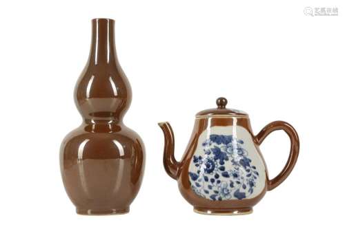 A CHINESE CAFE-AU-LAIT TEAPOT AND COVER AND A DOUBLE GOURD V...