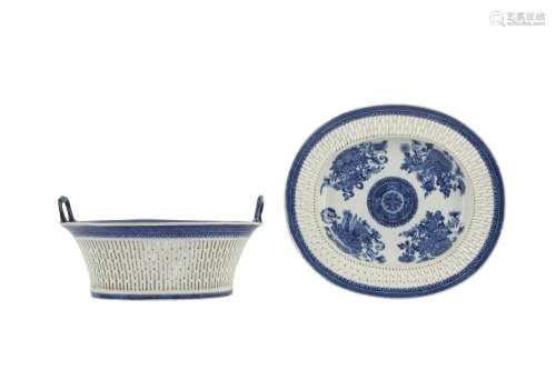 A CHINESE BLUE AND WHITE RETICULATED OVAL BASKET AND STAND.