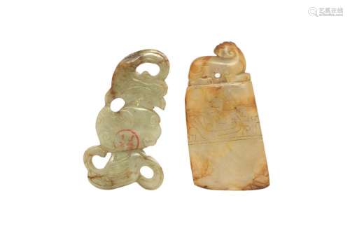 TWO CHINESE PALE CELADON JADE PLAQUES.