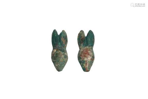 A PAIR OF CHINESE BRONZE 'RABBIT' HEAD ORNAMENTS.