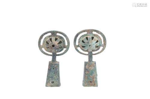 TWO CHINESE BRONZE CHARIOT BELLS.