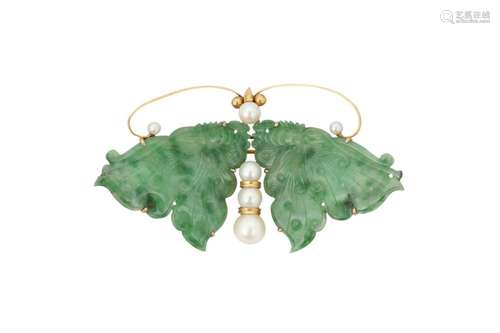 A CHINESE APPLE-GREEN JADEITE AND PEARL 'BUTTERFLY' ...