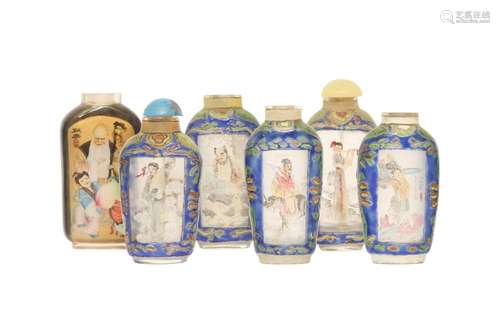 SIX CHINESE GLASS INTERIOR-DECORATED SNUFF BOTTLES.