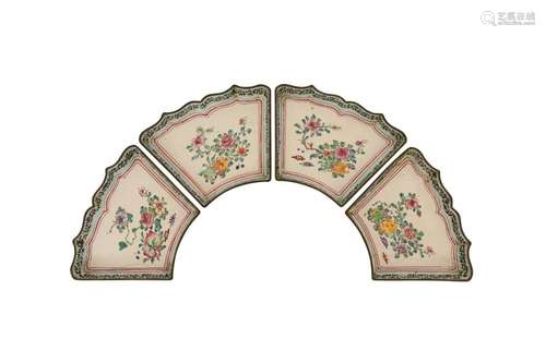 A SET OF FOUR CHINESE FAMILLE ROSE CANTON ENAMEL FAN SHAPED ...