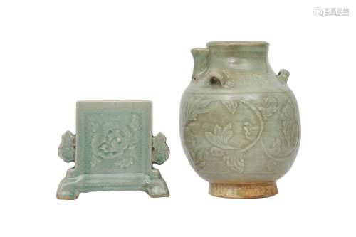 A CHINESE LONGQUAN CELADON MINIATURE TABLE SCREEN AND A JUG.