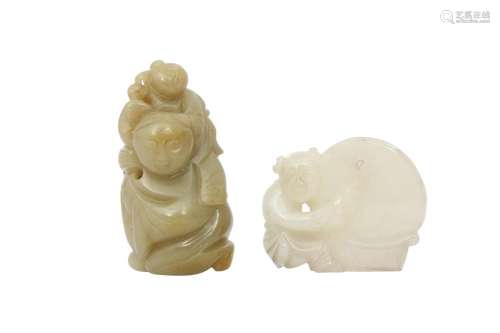 TWO CHINESE PALE CELADON JADE 'BOYS' CARVINGS.