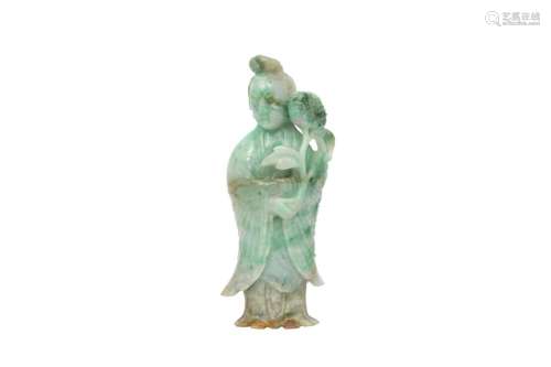 A CHINESE APPLE-GREEN JADEITE FIGURE OF GUANYIN.