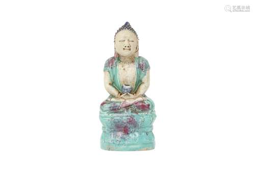 A CHINESE ROBIN'S EGG-GLAZED FIGURE OF A BUDDHA.