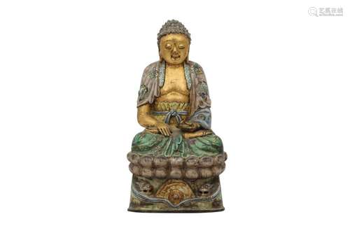 A CHINESE ENAMELLED AND GILT-DECORATED FIGURE OF A BUDDHA.