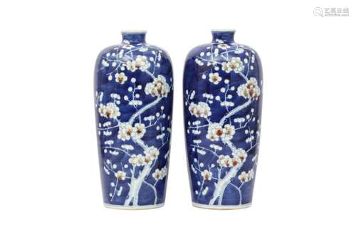 A PAIR OF BLUE AND WHITE AND UNDERGLAZE RED 'PRUNUS'...