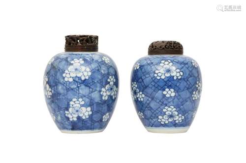 A NEAR-PAIR OF CHINESE BLUE AND WHITE PRUNUS JARS.