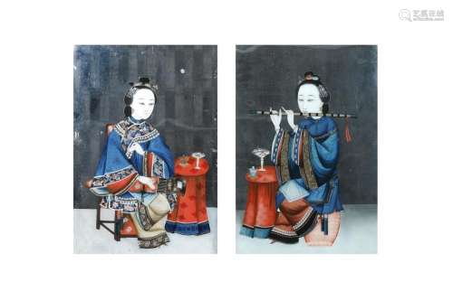TWO CHINESE REVERSE GLASS PAINTINGS OF FEMALE MUSICIANS.