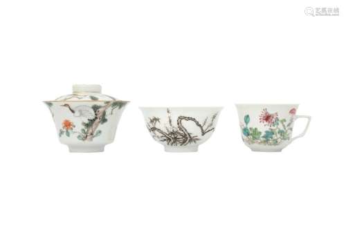 A CHINESE FAMILLE ROSE COFFEE CUP, A BOWL AND A BOWL AND COV...