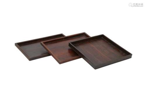 THREE CHINESE WOOD TRAYS.