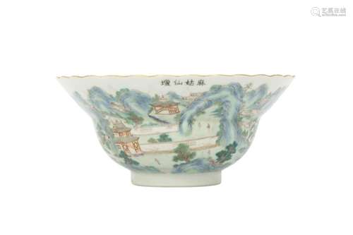 A CHINESE FAMILLE ROSE 'LANDSCAPE' OGEE BOWL.