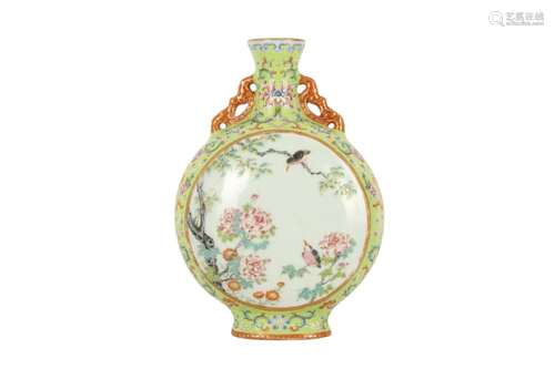 A CHINESE LIME GREEN-GROUND FAMILLE ROSE MOON FLASK.