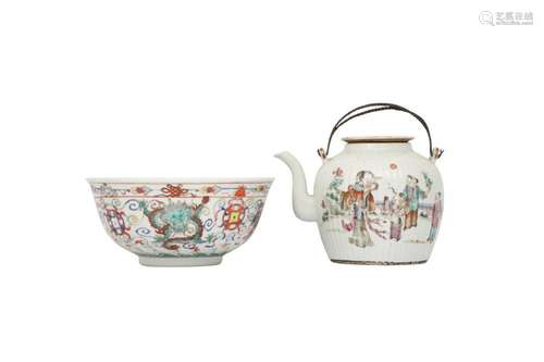 A CHINESE FAMILLE ROSE TEAPOT TOGETHER WITH A BOWL.