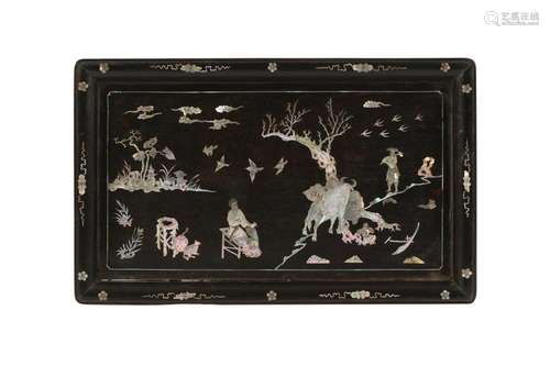 A CHINESE MOTHER OF PEARL-INLAID RECTANGULAR HARDWOOD TRAY.