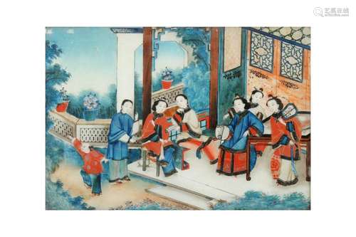 A CHINESE REVERSE GLASS PAINTING OF LADIES.