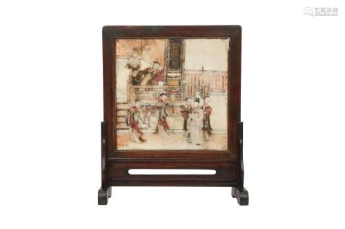 A CHINESE POLYCHROMED STONE TABLE SCREEN.