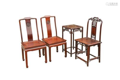 A PAIR OF CHINESE WOOD CHAIRS TOGETHER WITH A MATCHING CHAIR...