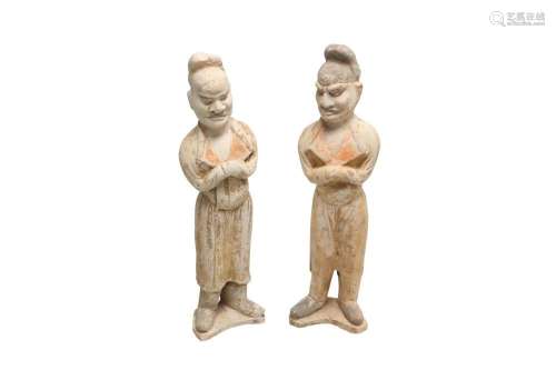 A PAIR OF LARGE CHINESE POTTERY GUARDIAN FIGURES.