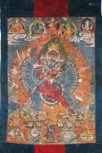 A TIBETAN THANGKA OF YAMANTAKA AND CONSORT.