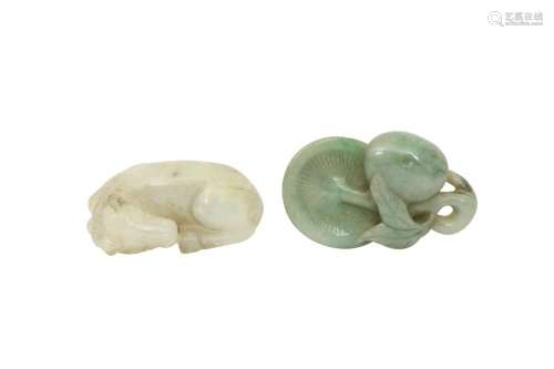 A CHINESE PALE CELADON 'HORSE' CARVING AND A JADEITE...