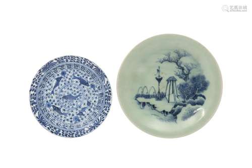 A CHINESE BLUE AND WHITE SAUCER AND A SMALL CELADON DISH.