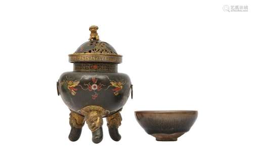 A CHINESE JIAN TEA BOWL AND A COISONNÉ INCENSE BURNER AND CO...