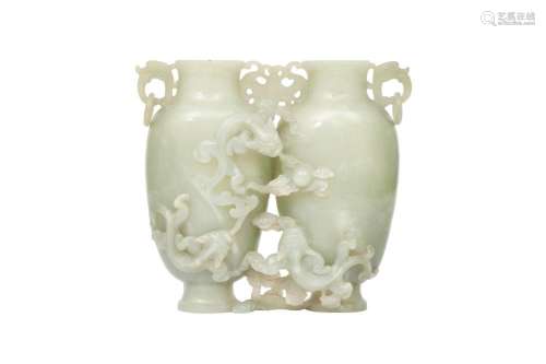 A CHINESE PALE CELADON JADE DOUBLE 'CHILONG' VASE.