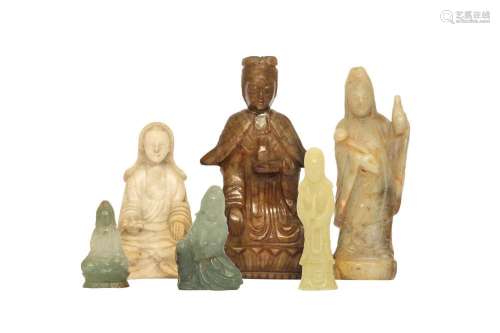 A GROUP OF SIX CHINESE BUDDIST HARDSTONE FIGURES.