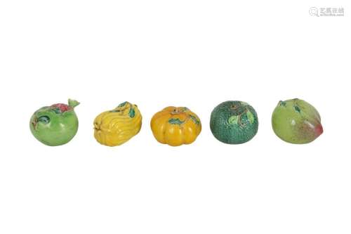 A SET OF FIVE CHINESE GLAZED ALTAR FRUITS.