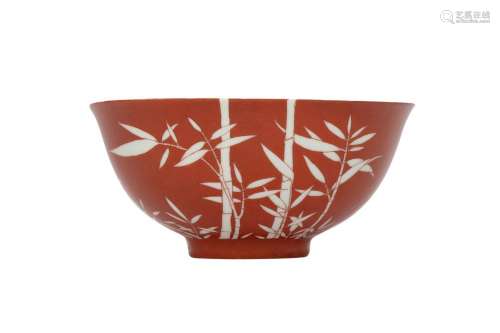 A CHINESE CORAL-GROUND 'BAMBOO' BOWL.