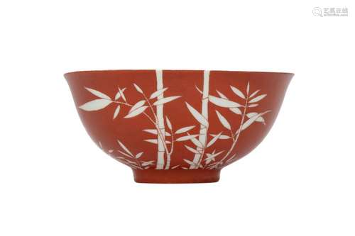 A CHINESE CORAL-GROUND 'BAMBOO' BOWL.