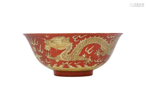 A CHINESE CORAL-GROUND 'DRAGON' BOWL.