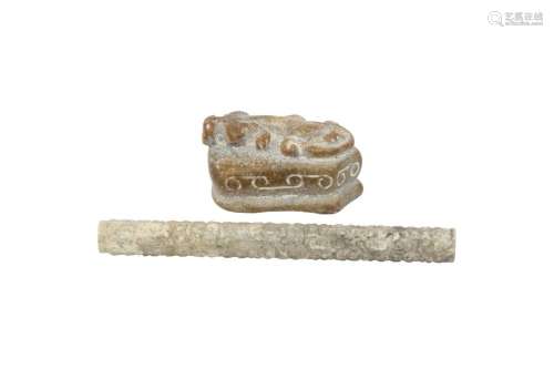 A CHINESE PALE CELADON JADE CYLINDRICAL BEAD TOGETHER WITH A...