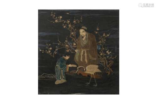 A JAPANESE EMBROIDERED BLACK-GROUND SILK PANEL.