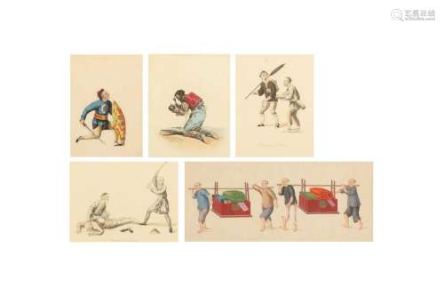 TWO CHINESE PITH PAPER PAINTINGS AND THREE PRINTS.