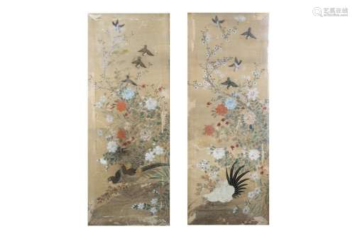 A PAIR OF CHINESE EMBROIDERED AND PAINTED SILK 'BIRDS...